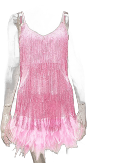Women Sexy Tassel Sequins Feather Mini Dress Spaghetti Strap Dresses Female Elegant Evening Party Club Dress 3X-Large Pink
