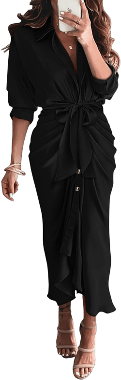 BTFBM Women Long Sleeve Satin Dress 2025 Summer Fall Lapel V Neck Button Down Belted Elegant Ruched Maxi Shirt Dresses Solid Black X-Large