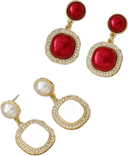 Pearl Earrings for Women Circular Pendant Pearl Drop Earrings Birthday banquet and Bar Mitzvah Gold Framed Ruby