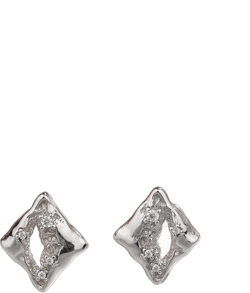 Irregular Geometric Silver Nugget Stud Earrings for Women Men - White Gold Plated 925 Sterling Silver with Small CZ Cubic Zirconia Diamond, Dainty Unique Designer Jewelry