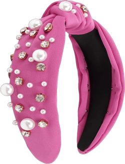 Knotted Headband Women Pearl Rhinestone Headband Wide Top Knot Hairband Embellished Jeweled Beaded Crystal Diamond Bling Sparkly Fashion Hair Accessories Hot Pink Headband