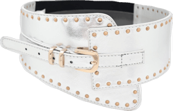 Women Wide Western Fashion Belt Hip Waist Silver Faux Leather Gold Metal Studs XS S