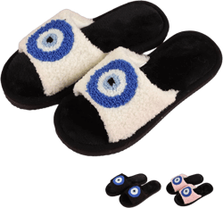 Evil Eye Slippers Evil Eye Decor Women Slippers for House Bedroom Sandals Fuzzy Plush Slides Flip Flop Indoor Outdoor Shoes 6-6.5 White
