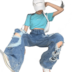 Amy Fashion - Loose Ripped Wide-leg Jeans Thin Women's Trousers