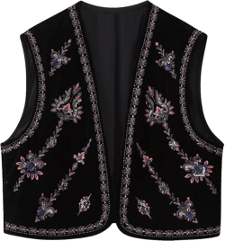 Embroidered Floral Velvet Vest for Women Vintage Sleeveless Open Front Crop Cardigan Boho Style Waistcoat Jackets Black Large