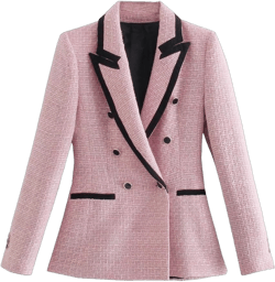 Women Double Breasted Tweed Blazer Coat Vintage Long Sleeve Pockets Outerwear Jacket Small Pink