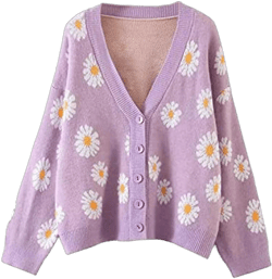 Cardigan for Women - Y2K Aesthetic Vintage Knit Crop Tops Teen Girls - Long Sleeve V Neck with Button Sweater Flower Pattern