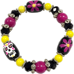 Linpeng Halloween Bracelet, Day of Dead Sugar Skull Glass Beaded Bracelet for Women, Birthday Gift for Her, 1 pc Black /Purple /Yellow