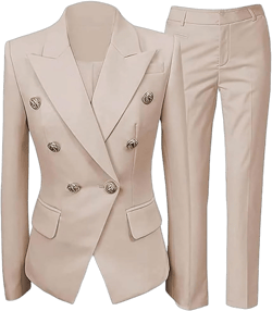 Womens 2 PC Fasion Outfits Double Breasted Blazer Slim Fit Business Suit Jacket Pants Suit for Work Professional X-Large Beige