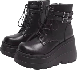 Ctreela Womens Punk Platform Boots Black Goth Booties Grunge Chunky High Heel Round Toe Boots Side Zip Combat Ankle Boots 9.5 Black
