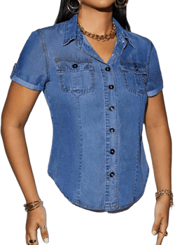 Denim Shirt Women Short Sleeve Button Down Flap Pocket Casual Business Jean Shirts X-Large Dark Wash