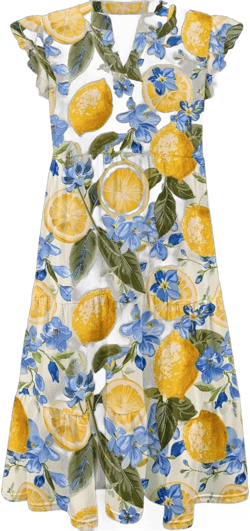 Women's Summer V Neck Dress Ruffle Sleeve A Line Tiered Flowy Casual Midi Beach Dress with Pockets Plus Size S-2XL XX-Large Floral Lemon