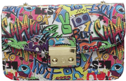 Women’s Fashion Printed Shoulder Bag, PU Leather Graffiti Square Tote Purse, Ladies Vintage Painted Pattern Crossbody Bag Color