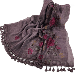 PAODIKUAI Women Vintage Embroidery Flower Tassels Scarves Lightweight Cotton Linen Scarf Dark Purple 180cm