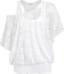 Rosegal Women Plus Size Skew Neck Sheer Lace Blouse and Racerback Tank Top Casual Crew Neck T-Shirt Summer Tops Large Plus White_1