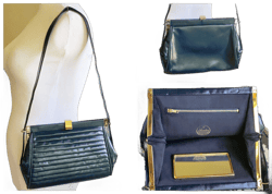 Vintage 60’s navy blue pleated glossy leather purse shoulder bag Theodor