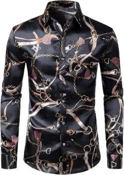 ZEROYAA Men's Hipster Fitted Silk Like Satin Dress Shirt Long Sleeve Button Down Printed Shirt for Party Prom XX-Large Zlcl11-black