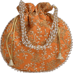 Indian Ethnic Designer Embroidered Silk Potli Bag Batwa Pearls Handle Purse Clutch Purse for Women Mustard Color
