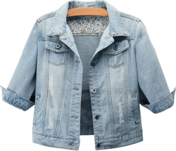 AMEBELLE Women's 3/4 Sleeve Strech Distress Slim Crop Denim Jean Trucker Jacket Light Blue Medium