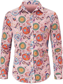 QZH.DUAO Mens 70s Disco Linen Shirts Casual Paisley Tops Floral Vintage Long Sleeve Shirt XX-Large Cs 33a
