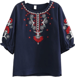 Linen Shirts for Women Mexican Mexican Embroidered Floral Shirt Boho Floral Blouse Ethnic Tribal Tops Vintage T Shirts B-navy - Summer Clothes 5X-Large