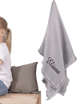 Personalized Muslin Baby Blanket, Handcrafted Custom Swaddle, Embroidered Boy/Girl Name, Unique Infant Shower Gift, Soft Cotton Quilt for Newborn Nursery Bedding (Silver)