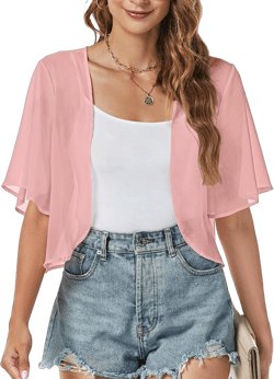 Women Summer Tops Soft Chiffon Open Front Jackets Sheer Wrap for Wedding Guest (Pink,XL)