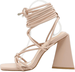 Yolkomo Women's Lace Up Chunky Heels Strappy Square Open Toe Block High Heeled Sandals 11 Nude C
