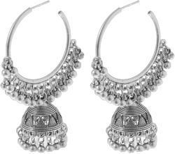 Dangle Retro Indian Jhumki Bell Huggie Hoop Statement Earrings Bollywood Oxidized Traditional Jhumka Style Drop Big Open Hoops Earring Boho Jewelry Gift for Women Bff Silver