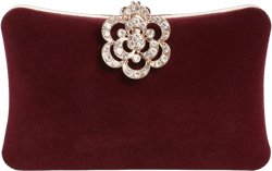 Velvet Evening Bags For Women With Flower Closure Rhinestone Crystal Embellished Clutch Purse For Party Wedding Burgundy
