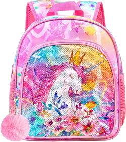 WZLVO Toddler Backpack for Girls, 12" Cute Unicorn Sequin Preschool Bookbag, Kindergarden School bag for little Kids 12.5" Unicorn Pink 2-6 Years Old
