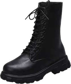 Gomelly Women Comfort Combat Boot Non-Slip Chunky Heel High Top Shoes Military Walking Fashion Lace Up Work Boots Black 6.5