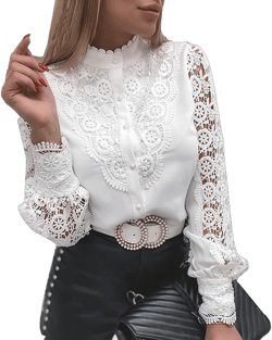 Rooscier Women's Lace Crochet Mock Neck Long Sleeve Button Elegant Blouse Shirt Top X-Small Solid White