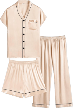 SWOMOG Women's 3pcs Silk Satin Pajamas Set Short Sleeve Button Down Sleepwear Soft Loungewear Pjs Nightwear Large Champagne