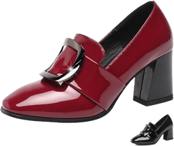 Women's Metal Buckle Closed Patent Leather Chunky High Heels,Fashion Vintage Slip On Backless Pumps Dressy Party Dress Pump Shoes 4.5 Red