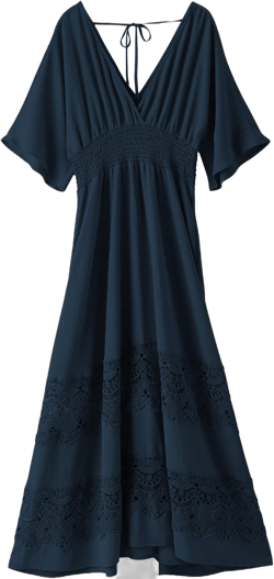 Women's Lace Maxi Dress Short Sleeve V Neck Party Dress Smocked Waist Boho Maxi Dress Bohemian Dress for Women Navy Blue Large