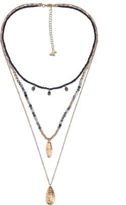 The Pioneer Woman Adult Female Gold-Tone Metal 3 Row Beaded and Hammered Teardrop Pendant Layered Necklace