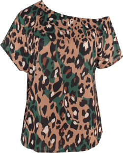 PESION Women Off The Shoulder Tops Sexy Shiny Metallic Shirts Short Sleeves Fashion Graphic T-shirts Blouses 4X-Large S- Green Leopard