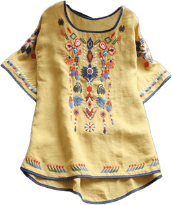 Fitted T Shirts for Women 2023 Vintage Embroidered Mexican Cotton Linen Blouse Dressy Casual Short Sleeve Tunic Top #03 Yellow 3X-Large
