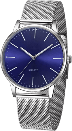 SENRUD Men's Watch Ultra-Thin Minimalist Stainless Steel Mesh Strap Fashion Casual Waterproof Wrist Watch for Men Silver blue