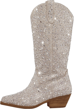 Yolkomo Women's Western Cowboy Boots Mid Calf High Rhinestone Cowgirl Boots Wide Calf Pointed Toe Low Chunky Heel Embroidered Boots Mid Block Heel Pull-On Fashion Party Cowgirl Boots Size 11
