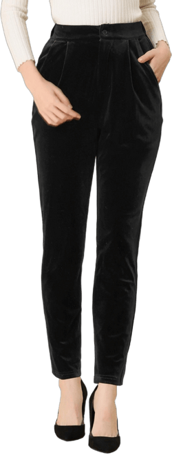 Allegra K Women's Velvet Elegant High Waist with Pockets Work Ankle Pants Black X-Small