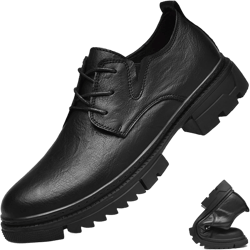 Men's Genuine Leather Lace Up Platform Oxfords Vintage Round Toe Non-Slip Dress Work Shoes Formal Business Wingtip Office Leather Shoe Black 8