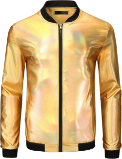 Lars Amadeus Holographic Metallic Varsity Jacket for Men's Zip Up Long Sleeves Shiny Bomber Jacket Small Golden
