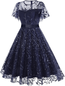 Homecoming Dress for Teens，Women's Cocktail Dresses Lace Formal Dresses Puff Sleeve Wedding Guest Glitter Fairy Dress Navy Medium