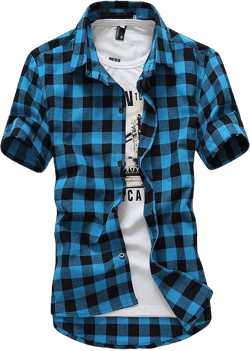 Mens Fashion Short Sleeve Flannel Shirts Slim Fit Causal Button Down Plaid Designer Shirts Camisas de Hombre X-Large Sky Blue