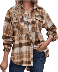 JGGSPWM Flannel Plaid Shirts for Women Oversized Button Down Shirts Blouse Long Sleeve Fashion Shacket Jacket Fall Spring Blouse Checked Tops with Pocket Coffee XL