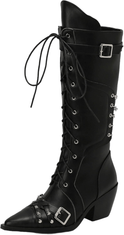 KysBloes Women Gothic Knee High Cowboy Boots Pointed toe Patent Leather Tall Boots with Chain,Victorian Goth Boots Lace Up Knee High Boots 7 Black-pu