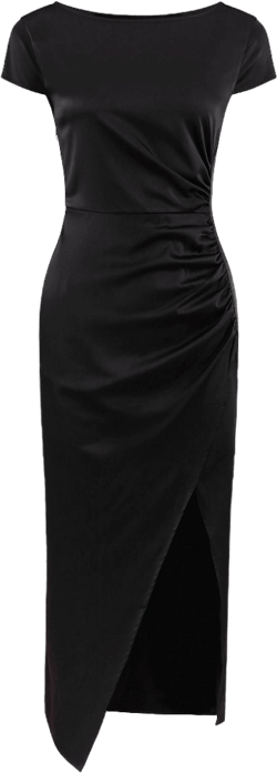 Hobemty Women's Satin Boat Neck Cap Sleeve Side Split Ruched Party Dress Black Medium