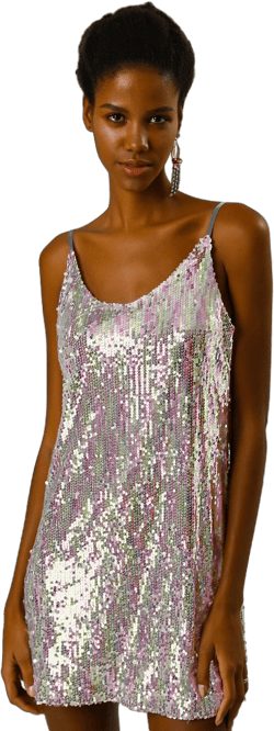 Allegra K Women's Halloween Glitter Sequin Spaghetti Strap V Neck Party Cocktail Sparkly Mini Dress Silver with Pinks Medium